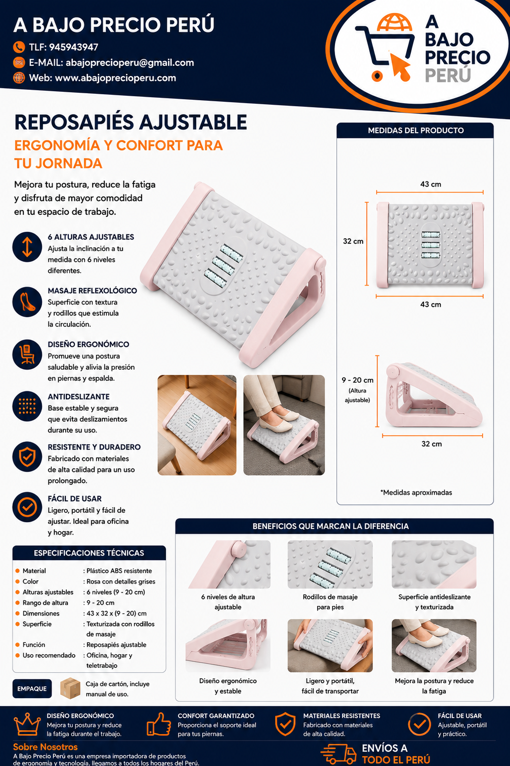 REPOSAPIES ERGONÓMICO EN 6 POSICIONES CON TEXTURA DE MASAJE Y RODILLO - COLOR ROSADO
