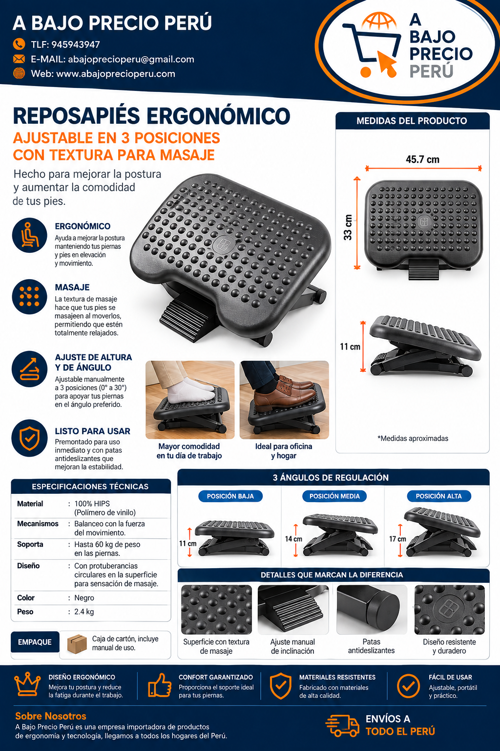 REPOSAPIÉS ERGONÓMICO AJUSTABLE EN 3 POSICIONES
