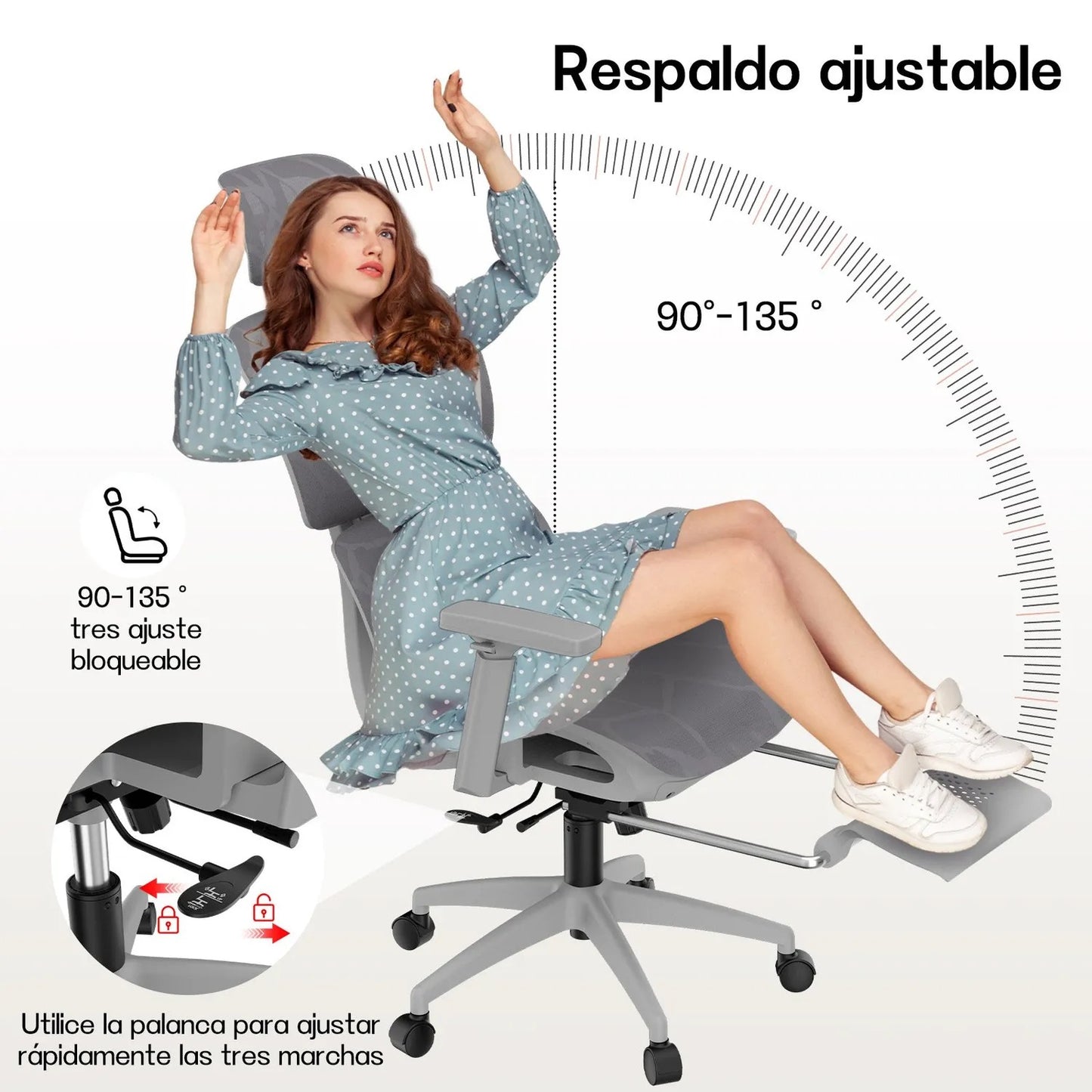 SILLA DE OFICINA SUPER ERGONÓMICA MADRID REPOSABRAZO 4D, REPOSAPIES, RECLINABLE 135°, ASIENTO Y LUMBAR AJUSTABLE