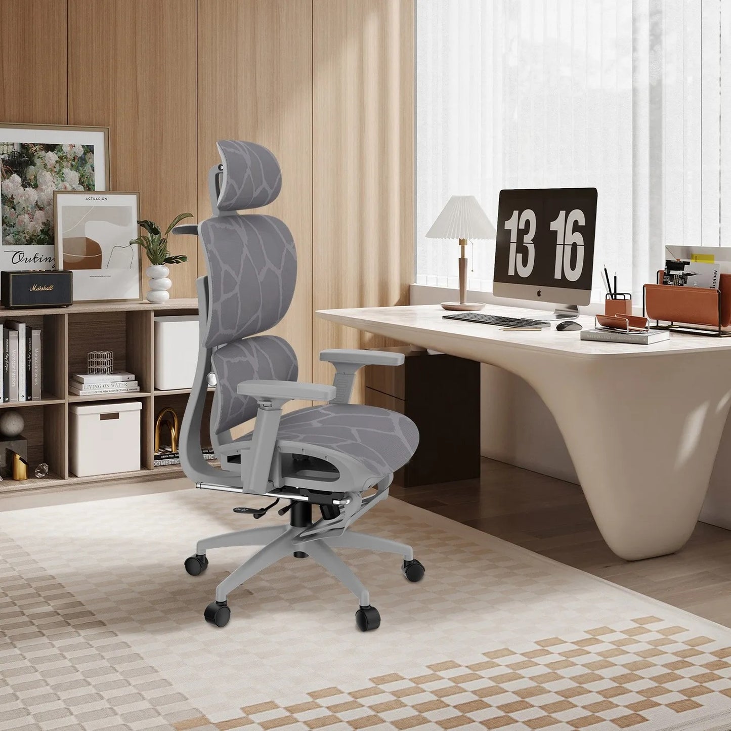 SILLA DE OFICINA SUPER ERGONÓMICA MADRID REPOSABRAZO 4D, REPOSAPIES, RECLINABLE 135°, ASIENTO Y LUMBAR AJUSTABLE