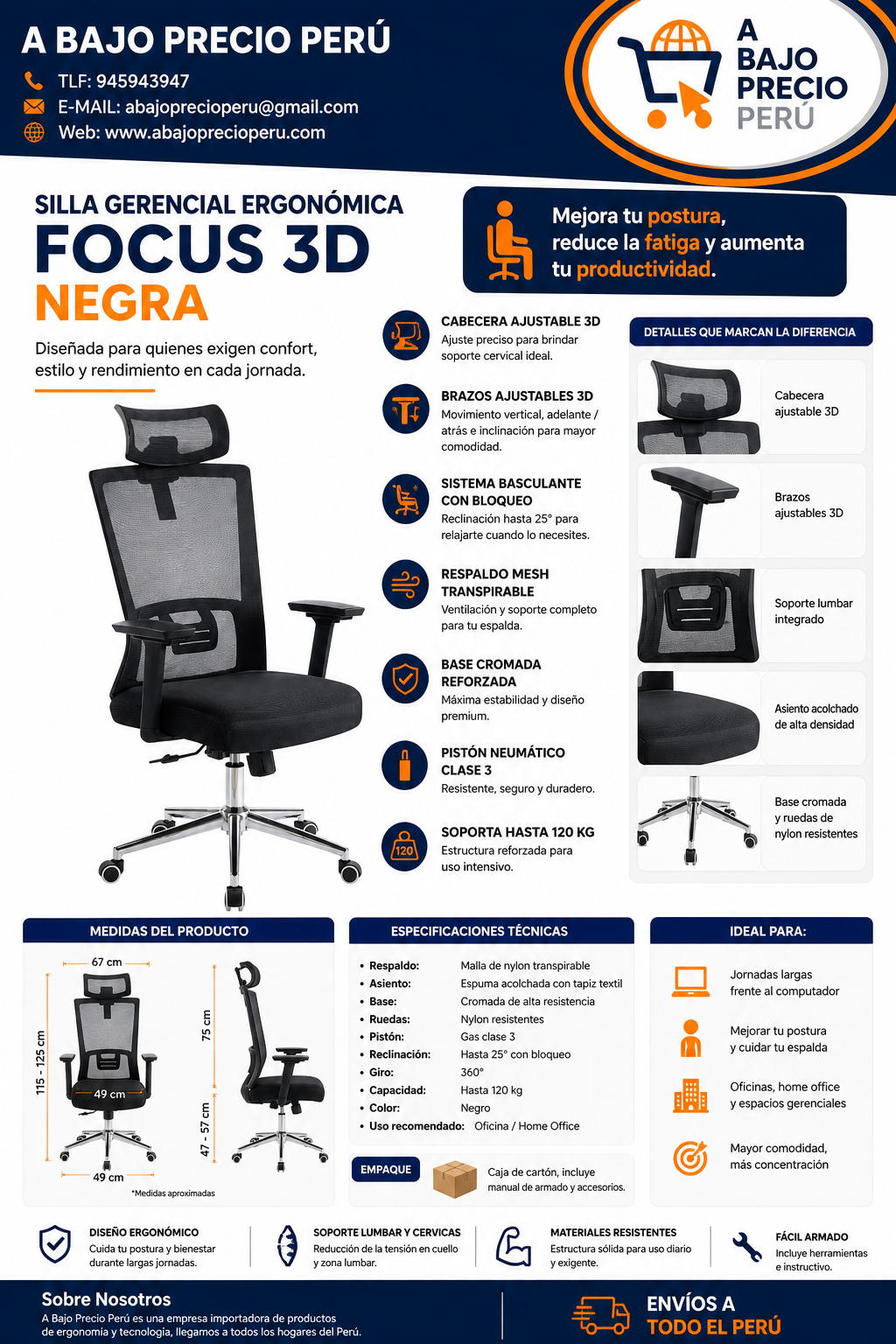 Silla Ergonómica Focus 3D con Brazos 3D y Soporte Lumbar