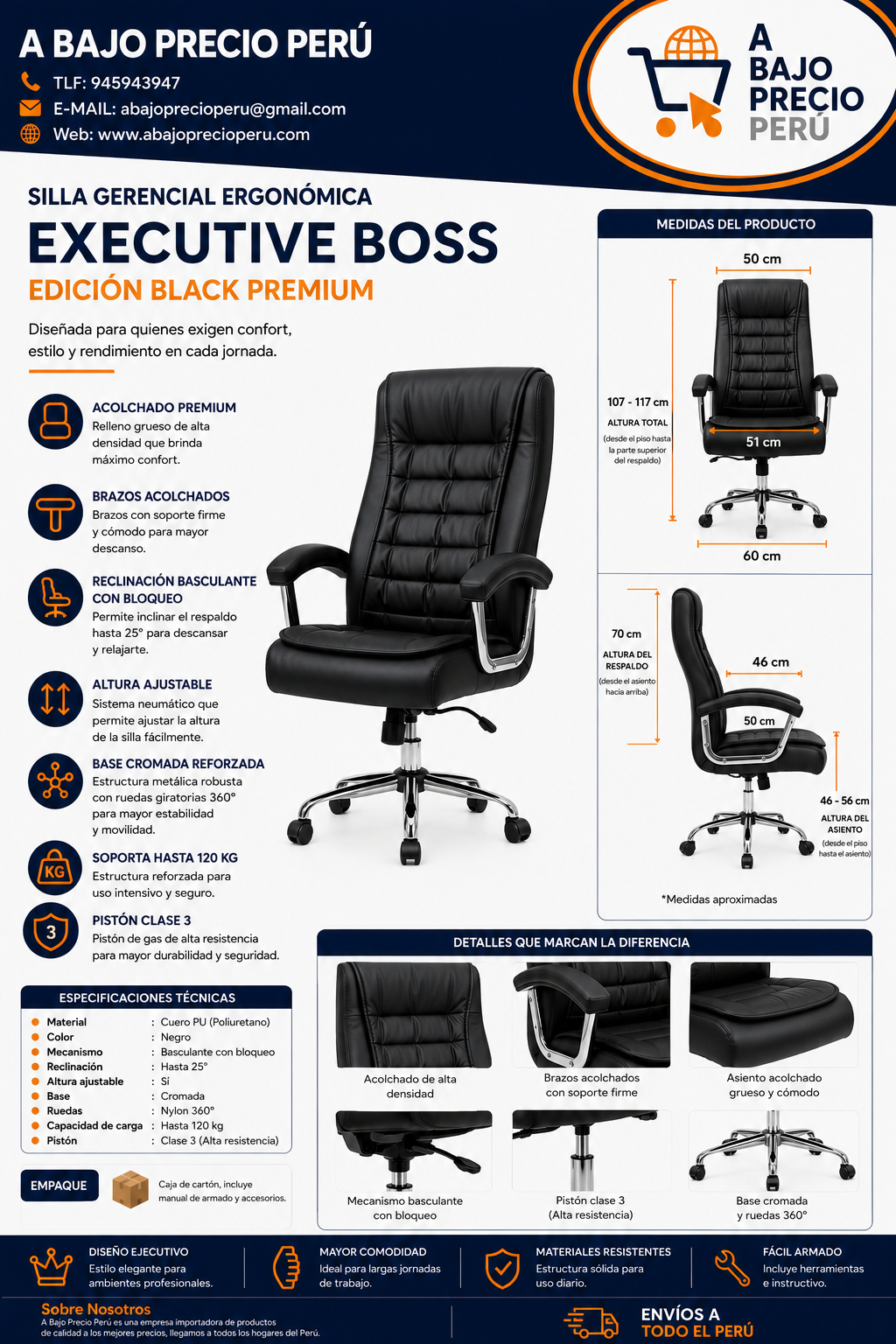 Silla Ergonómica Executive Boss Acolchada | Cuero Sintético Premium y Reclinación