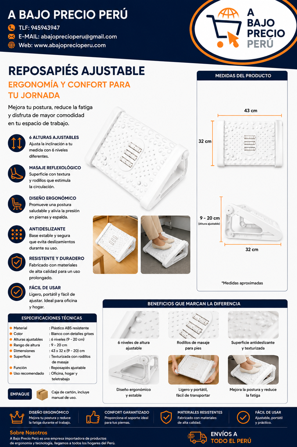 REPOSAPIES ERGONÓMICO EN 6 POSICIONES CON TEXTURA DE MASAJE Y RODILLO - COLOR BLANCO