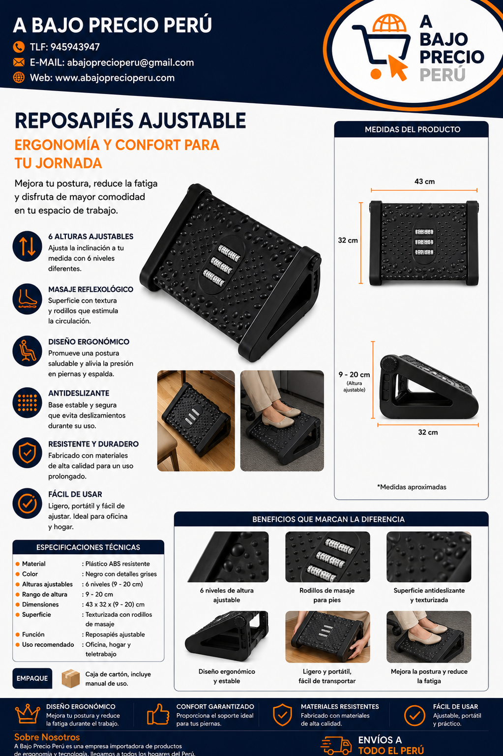 REPOSAPIES ERGONÓMICO EN 6 POSICIONES CON TEXTURA DE MASAJE Y RODILLO - COLOR NEGRO