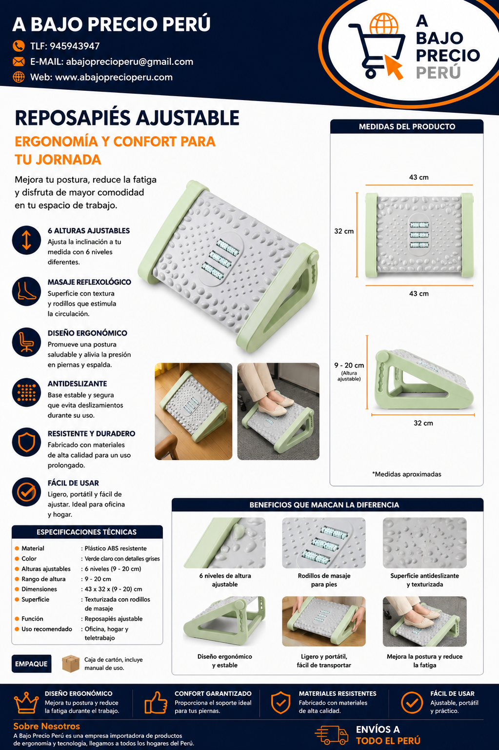 REPOSAPIES ERGONÓMICO EN 6 POSICIONES CON TEXTURA DE MASAJE Y RODILLO - COLOR VERDE
