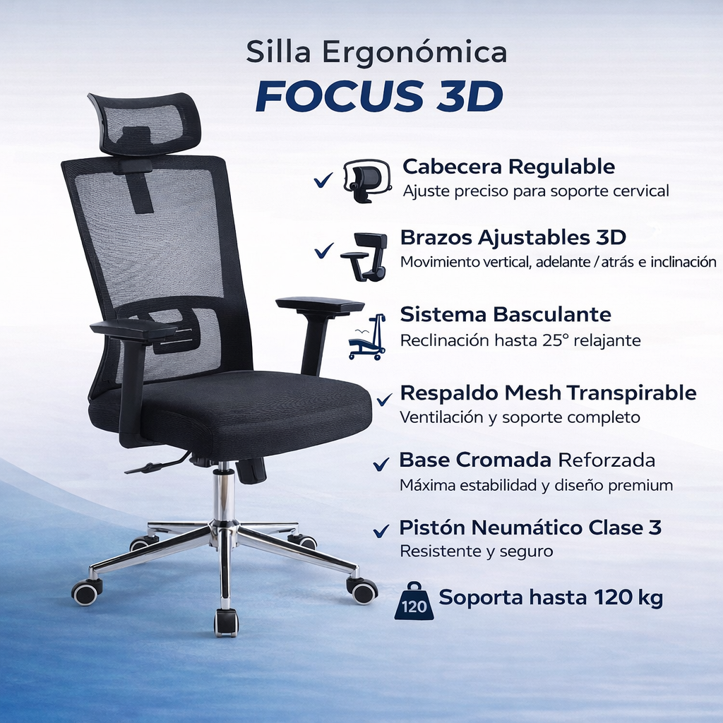 Silla Ergonómica Focus 3D con Brazos 3D y Soporte Lumbar