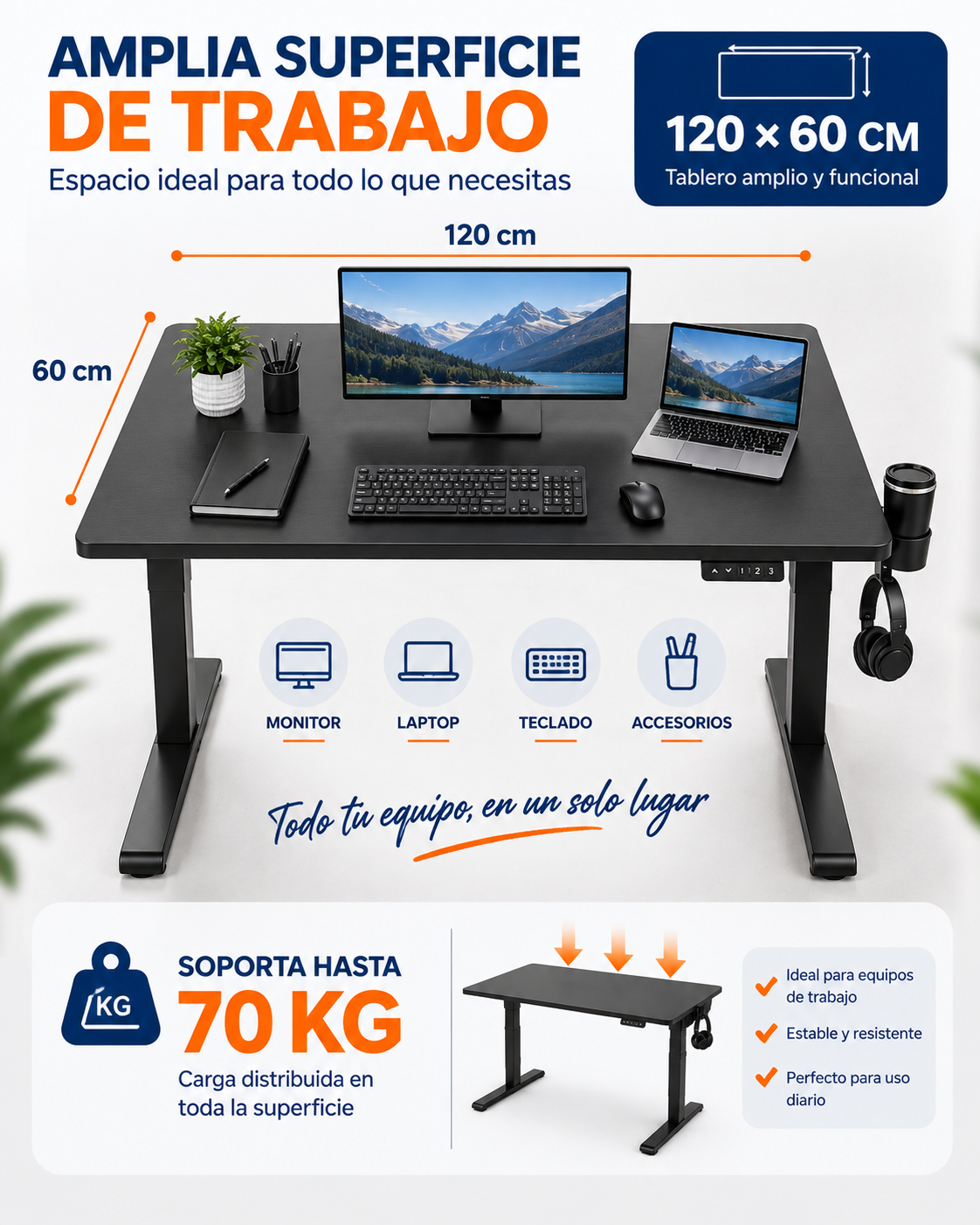 Escritorio eléctrico 120 por 60 cm con capacidad de carga de hasta 70 kg