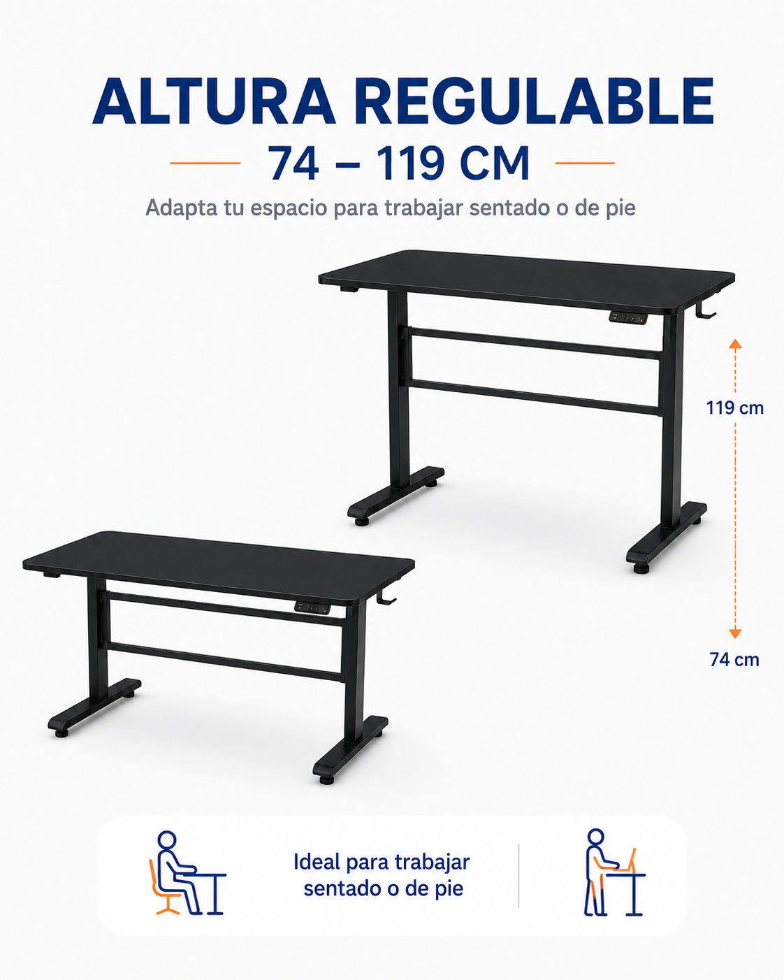 Escritorio eléctrico con altura regulable de 74 a 119 cm