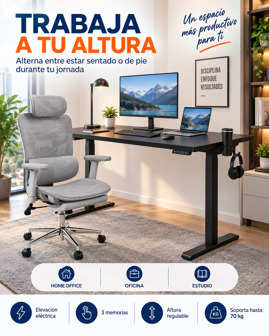 Escritorio eléctrico negro en home office para trabajar sentado o de pie