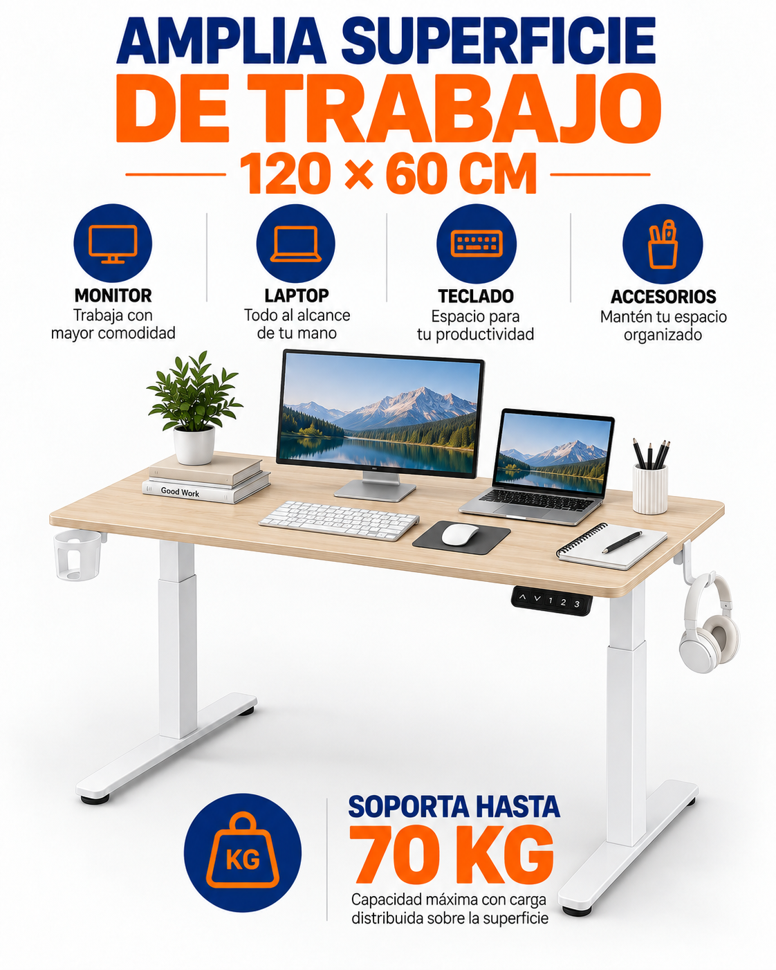 Escritorio eléctrico roble beige de 120 por 60 cm con capacidad de hasta 70 kg