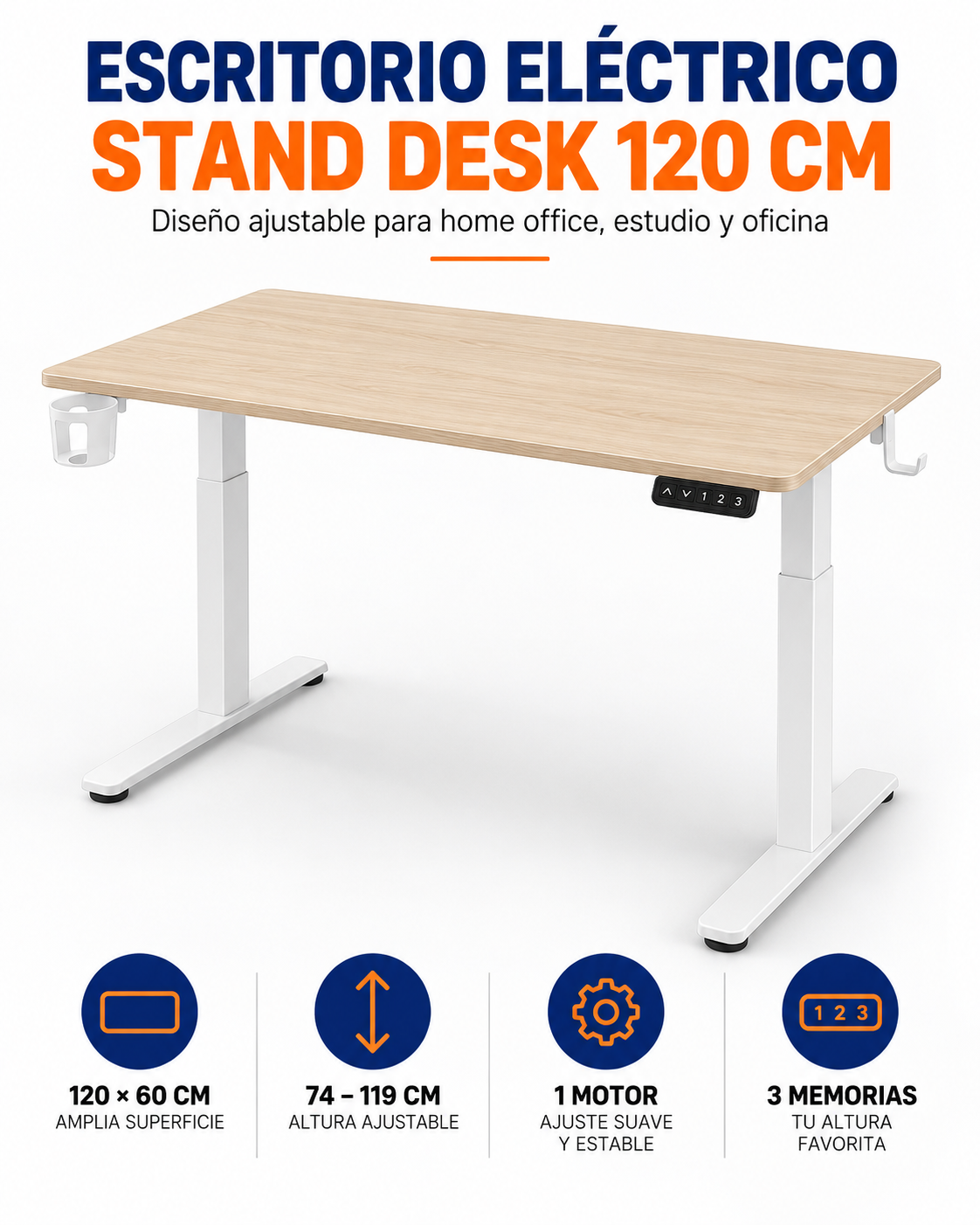 Escritorio eléctrico Stand Desk 120 cm roble beige y blanco con 1 motor