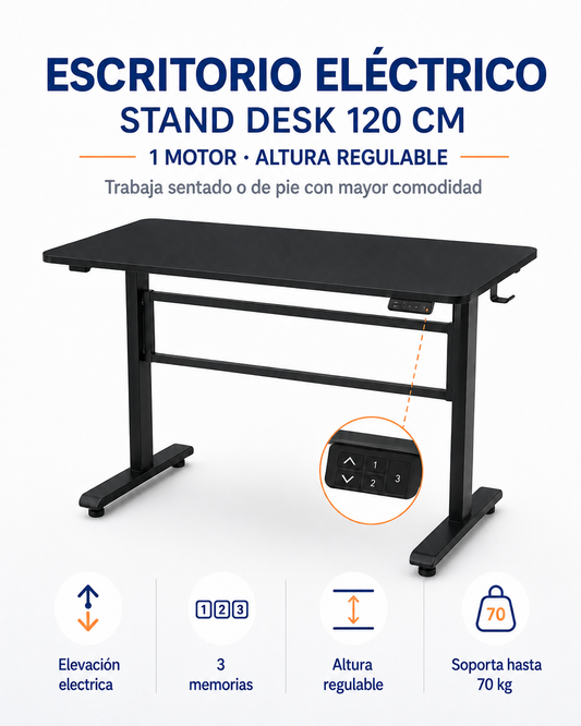 Escritorio eléctrico Stand Desk 120 cm negro con 1 motor y altura regulable