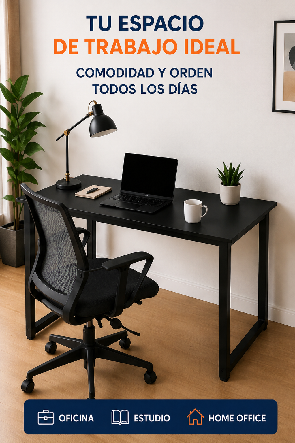 Escritorio Ergonómico Essential 120 cm con Estructura Metálica – Negro