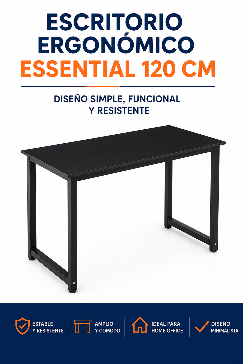 Escritorio Ergonómico Essential 120 cm con Estructura Metálica – Negro