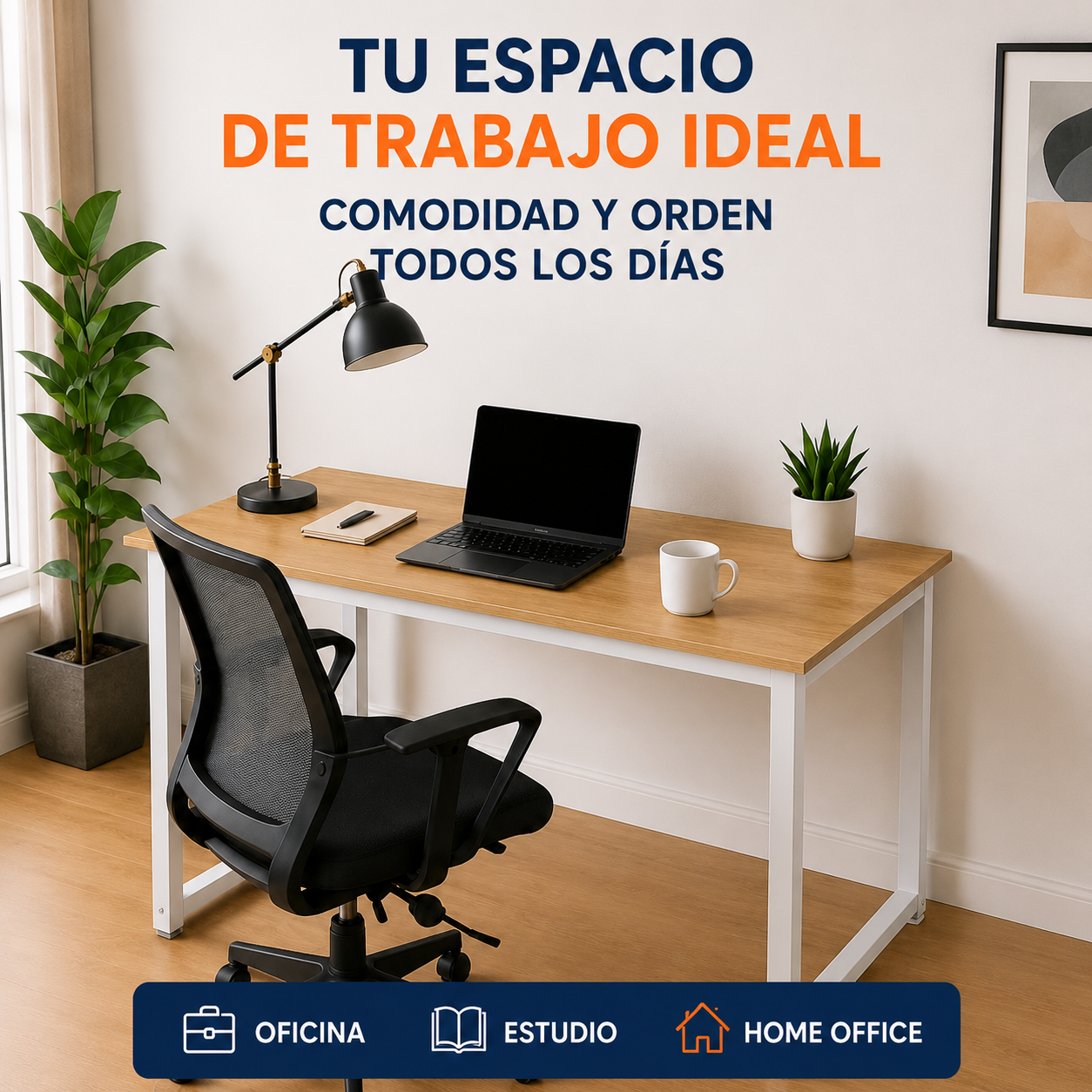 Escritorio Ergonómico Essential 120 cm con Estructura Metálica – Roble beige y blanco