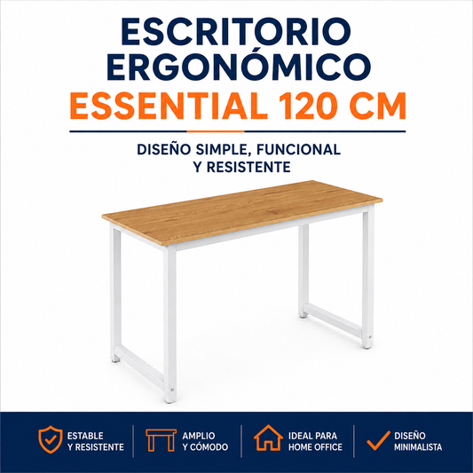 Escritorio Ergonómico Essential 120 cm con Estructura Metálica – Roble beige y blanco