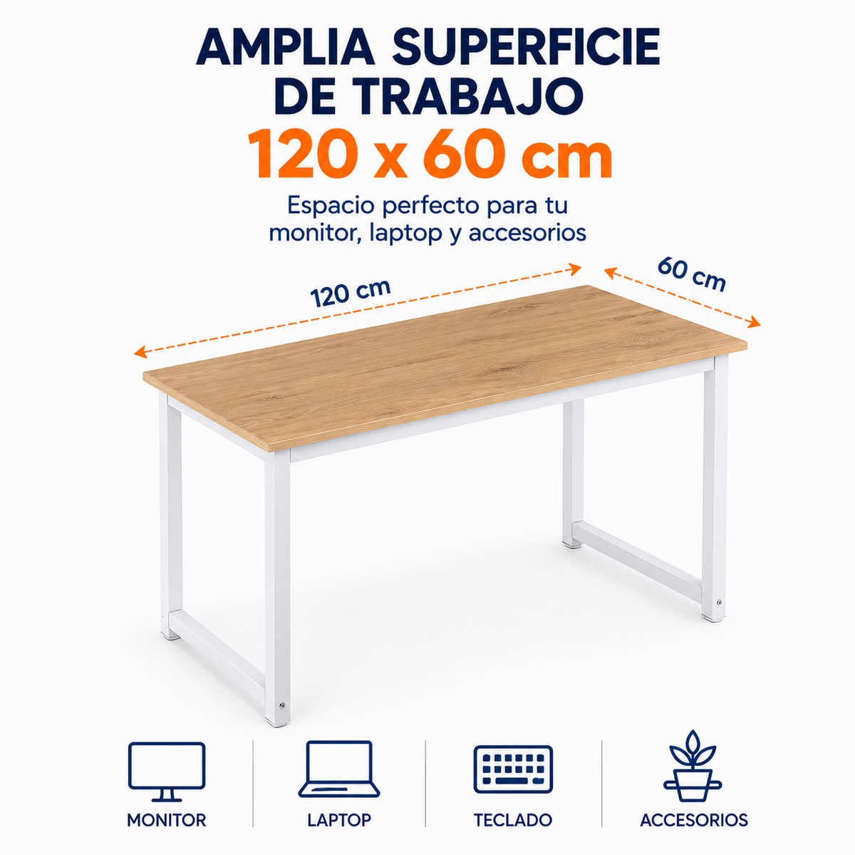 Escritorio Ergonómico Essential 120 cm con Estructura Metálica – Roble beige y blanco