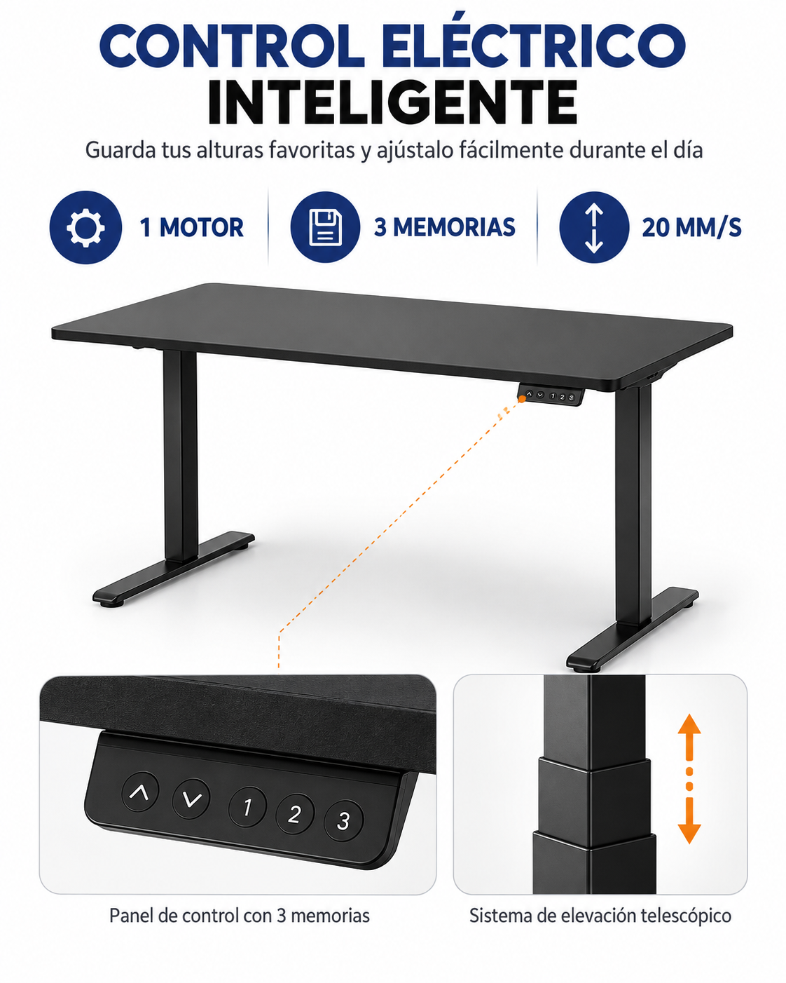 Escritorio negro con base de acero, cubierta laminada y estructura metálica