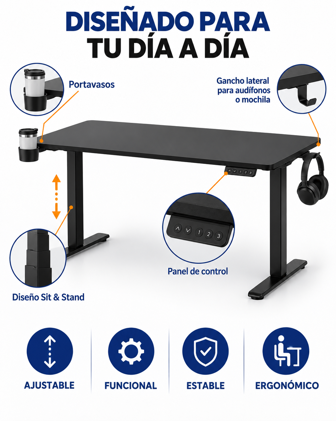 Escritorio Stand Desk con portavasos, gancho lateral y control eléctrico