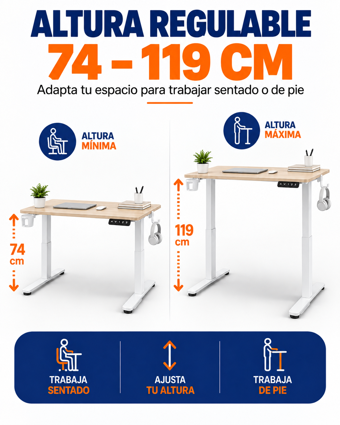 Escritorio Stand Desk roble beige con altura regulable de 74 a 119 cm