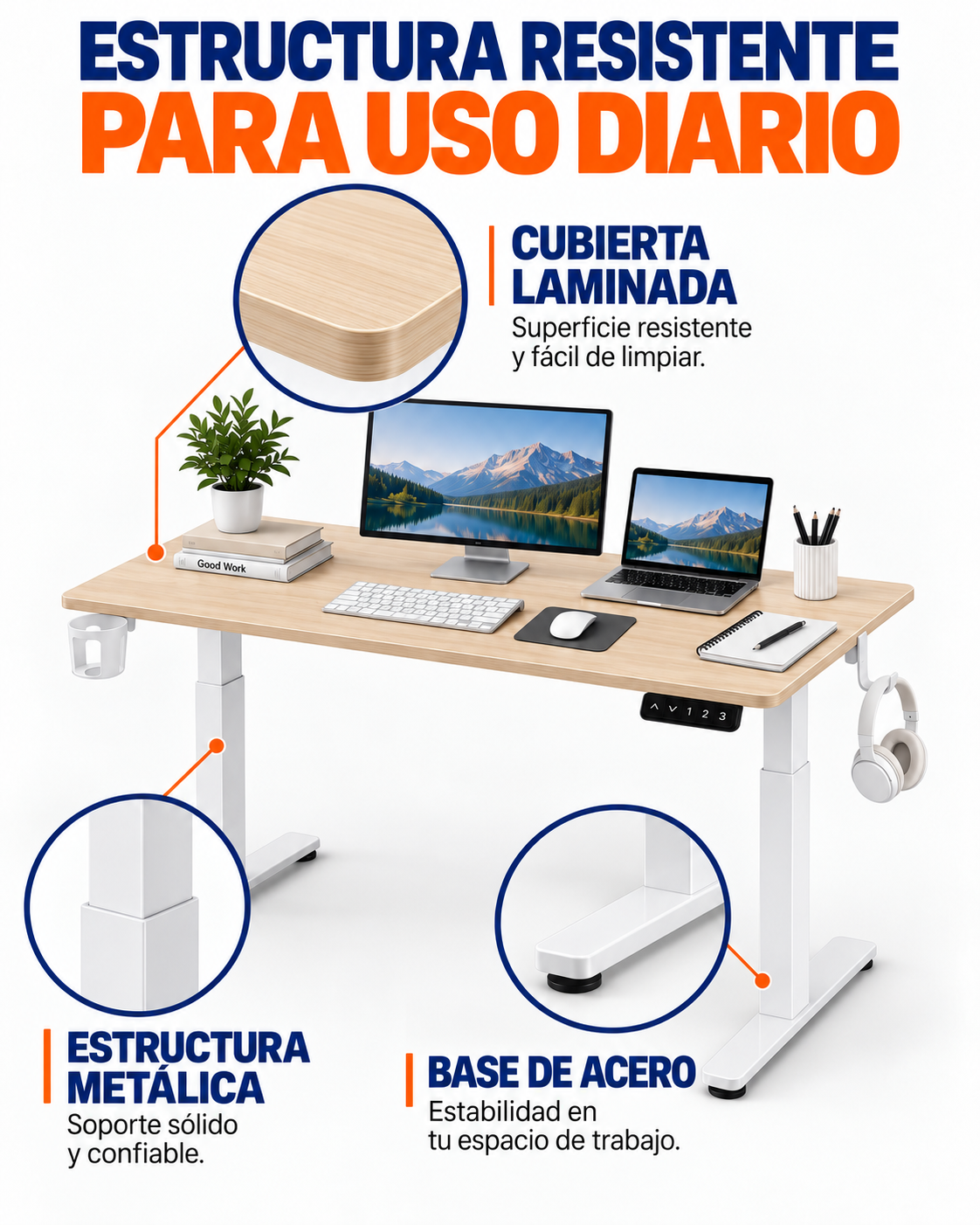 Stand Desk roble beige con estructura blanca y base de acero