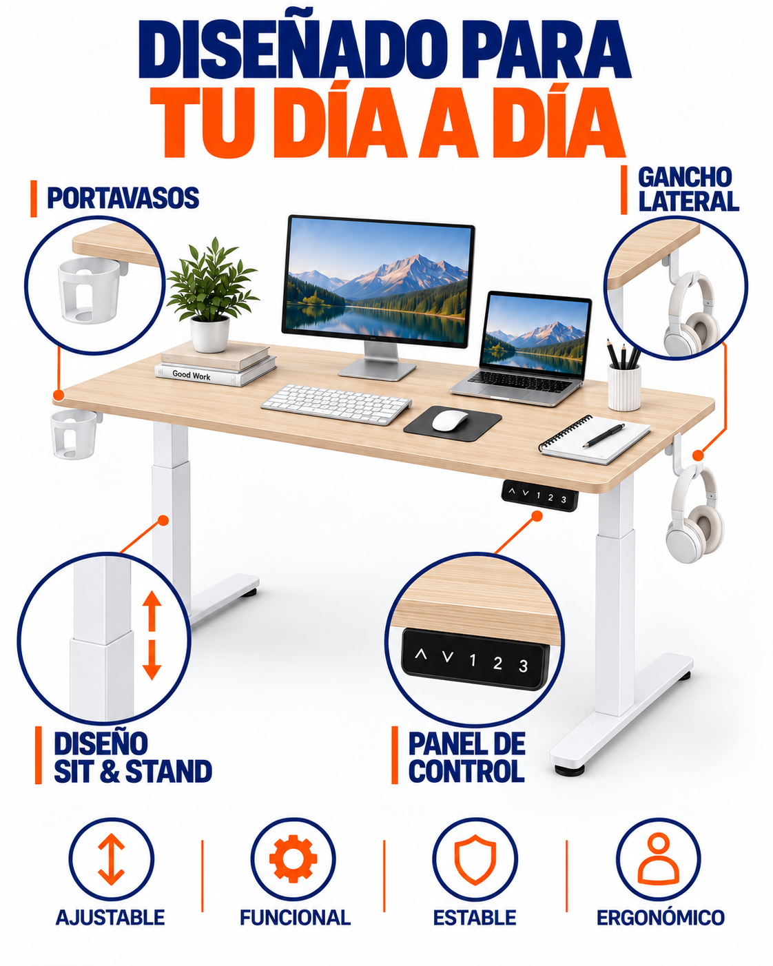 Escritorio Stand Desk roble beige con portavasos, gancho lateral y control eléctrico