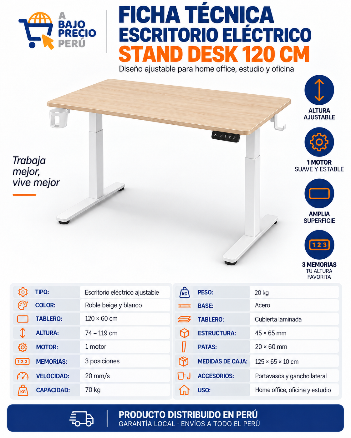 Ficha técnica de escritorio eléctrico Stand Desk 120 cm roble beige y blanco