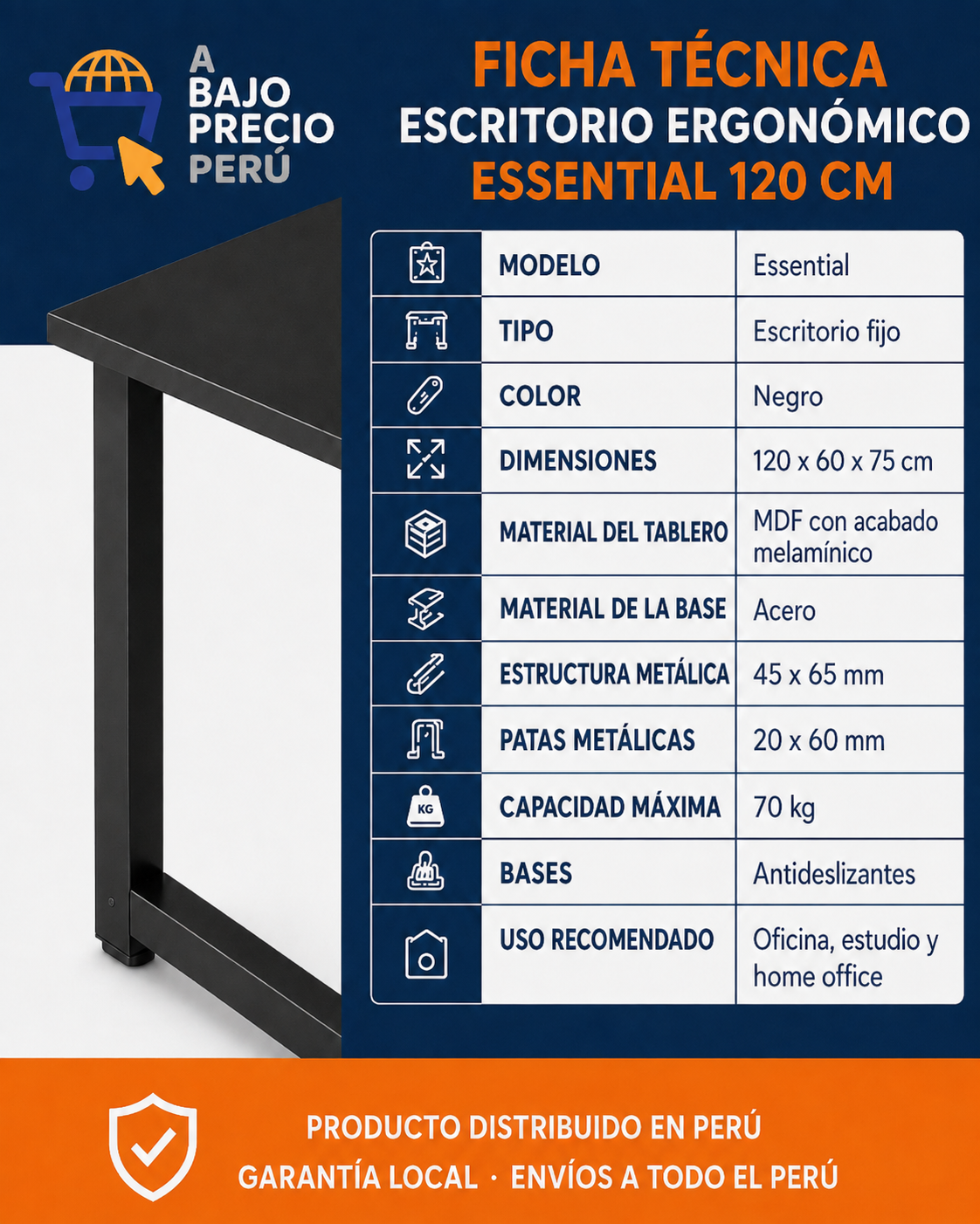 Escritorio Ergonómico Essential 120 cm con Estructura Metálica – Negro