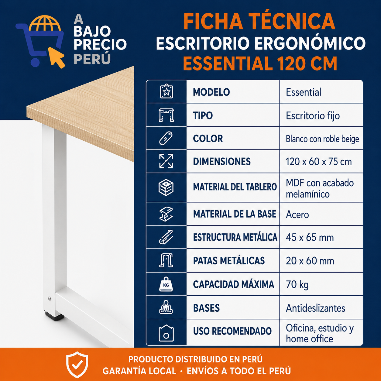 Escritorio Ergonómico Essential 120 cm con Estructura Metálica – Roble beige y blanco