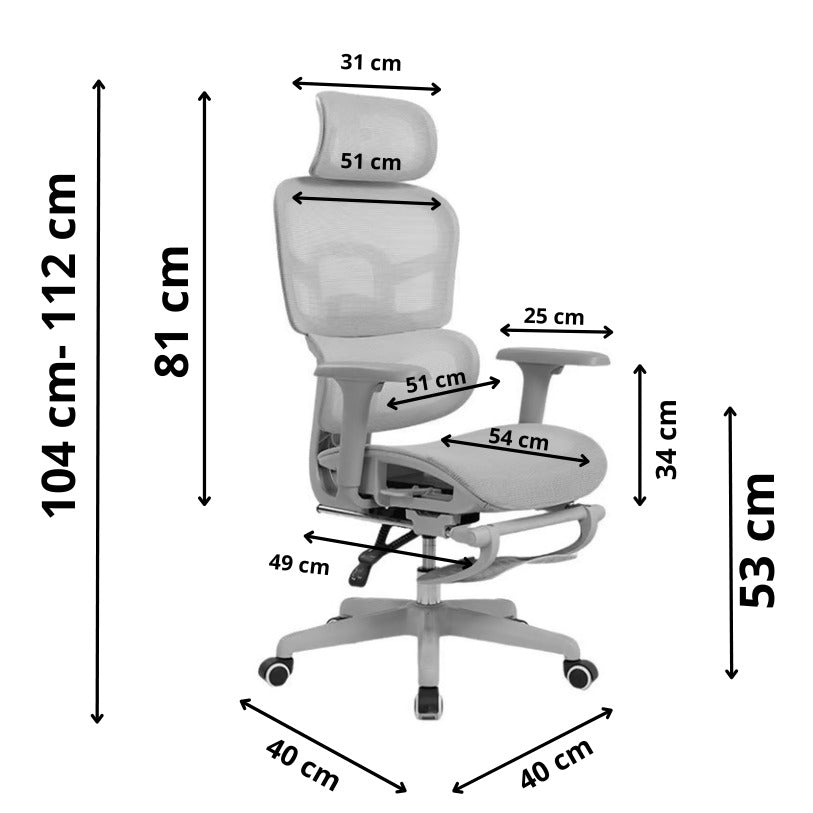 SILLA DE OFICINA SUPER ERGONÓMICA MADRID REPOSABRAZO 4D, REPOSAPIES, RECLINABLE 135°, ASIENTO Y LUMBAR AJUSTABLE