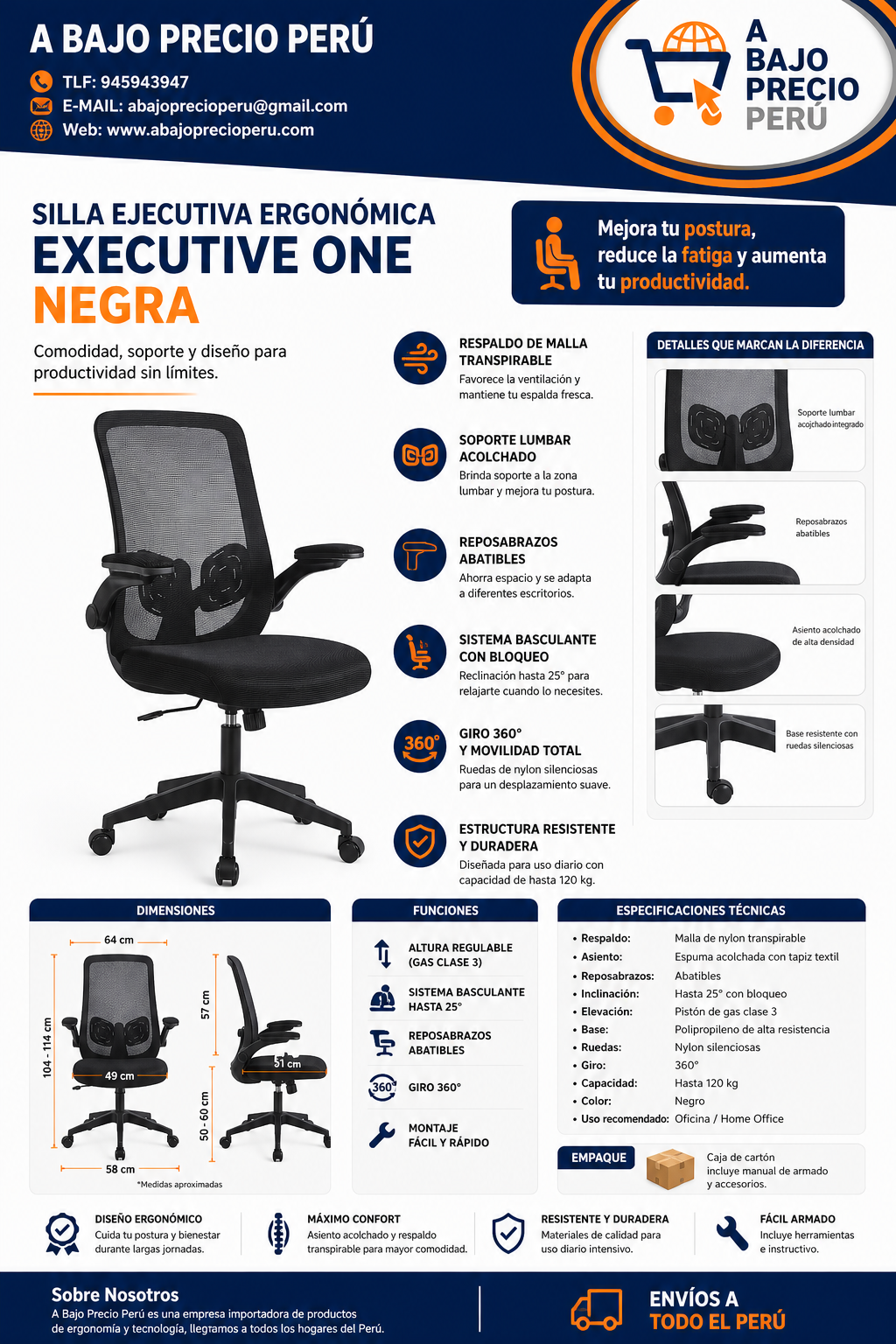 Silla Ergonómica Ejecutiva Mesh con Soporte Lumbar y Brazos Abatibles – Executive One Negra