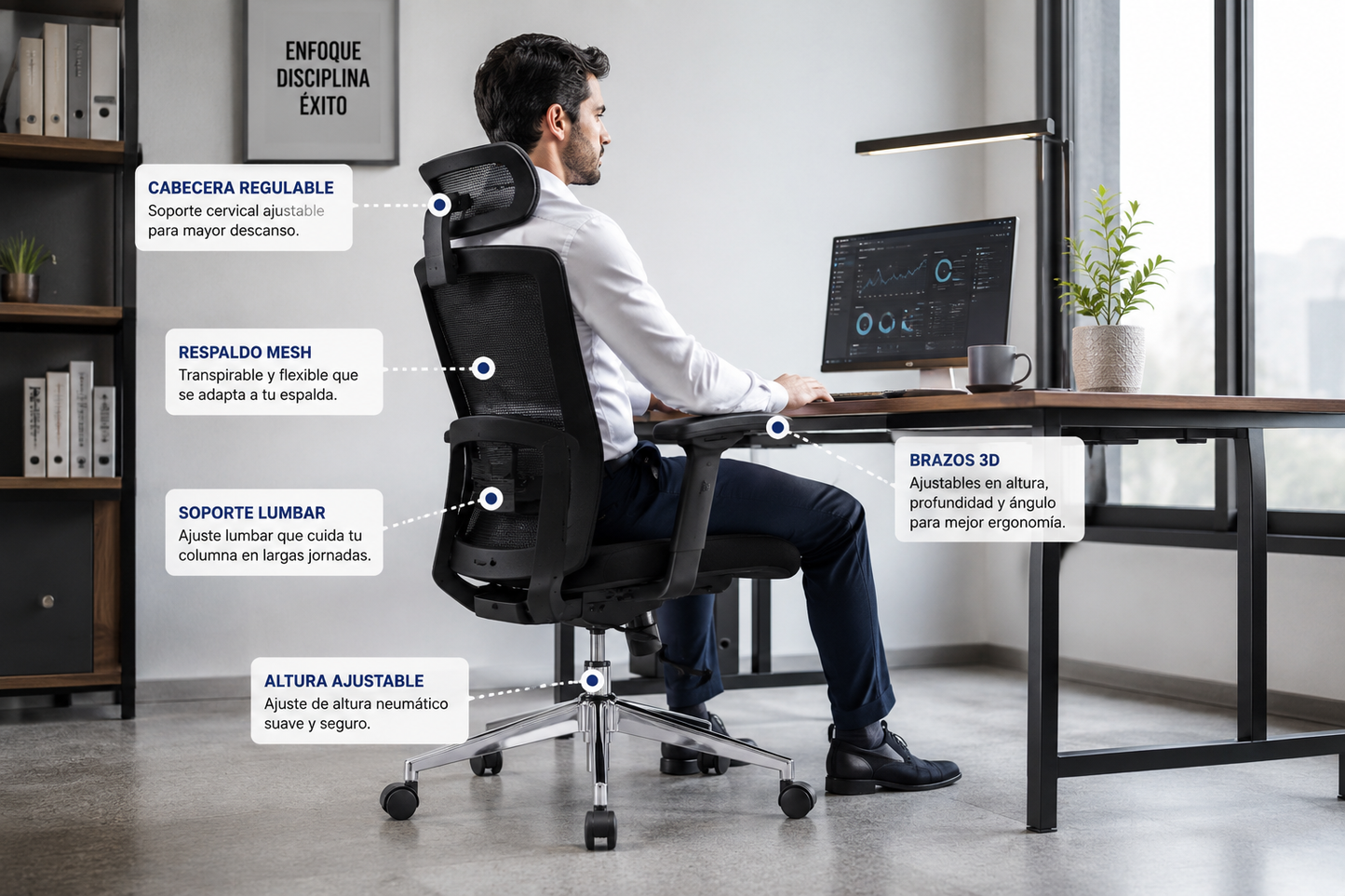 Silla Ergonómica Focus 3D con Brazos 3D y Soporte Lumbar