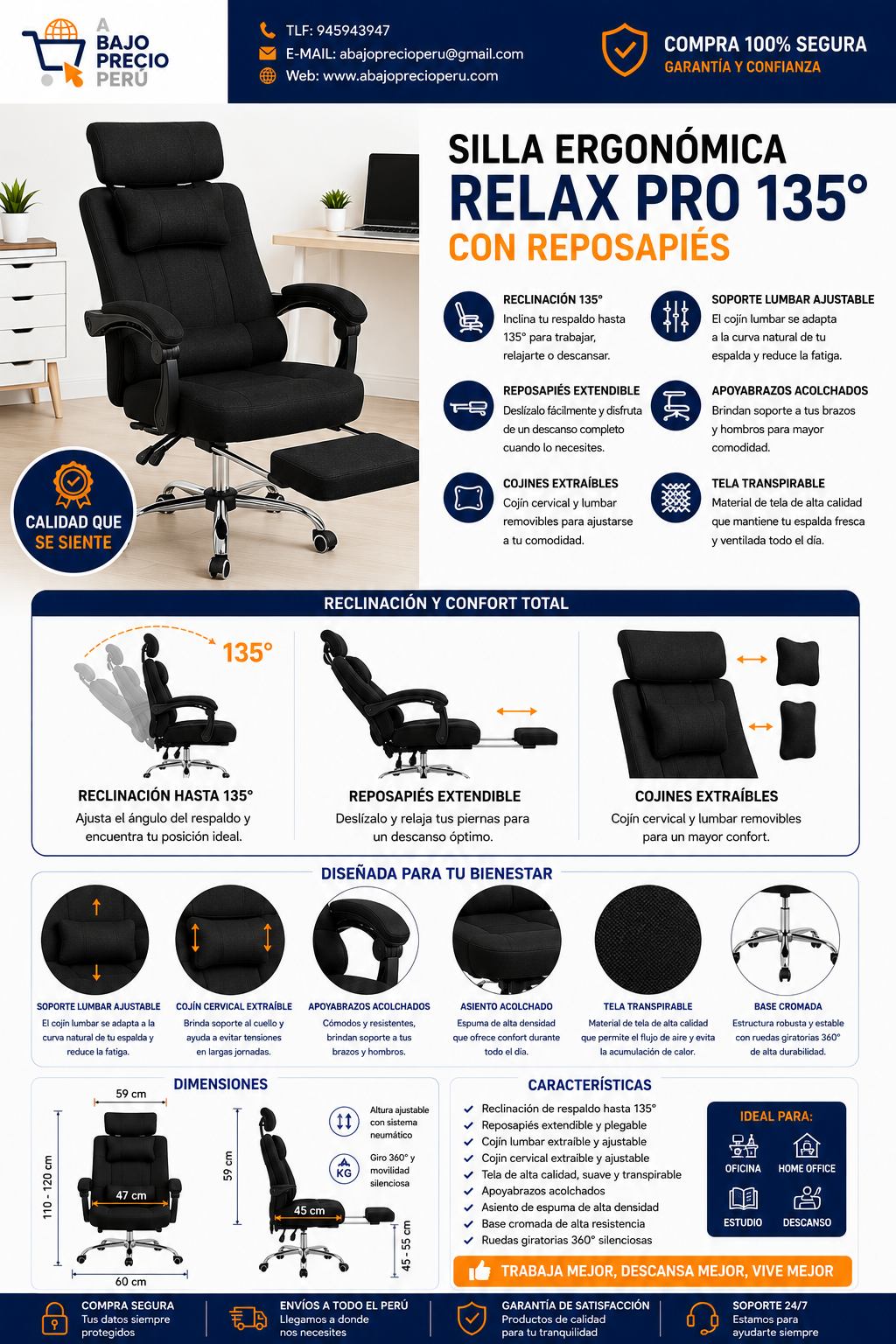 Silla Ergonómica Relax Pro 135° con Reposapiés