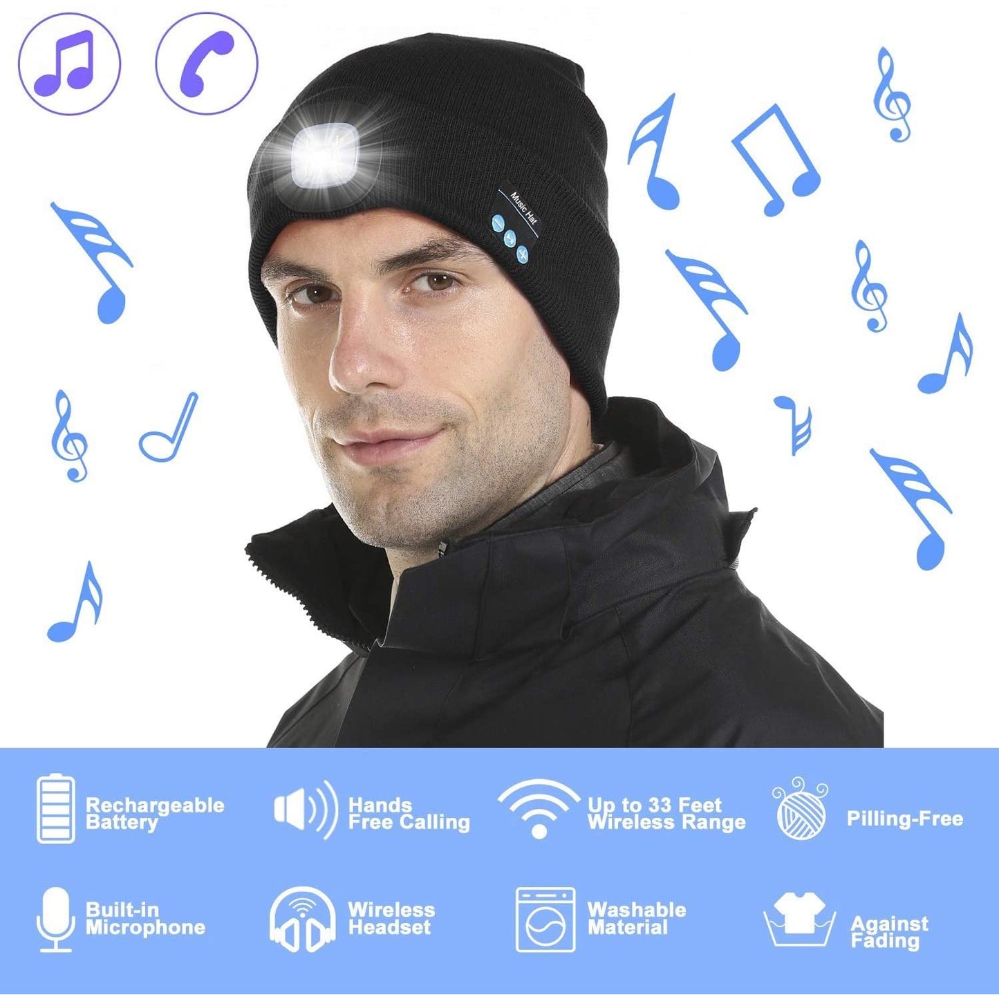 GORRO BLUETOOTH RECARGABLE CON LUCES - RESPONDE LLAMADAS