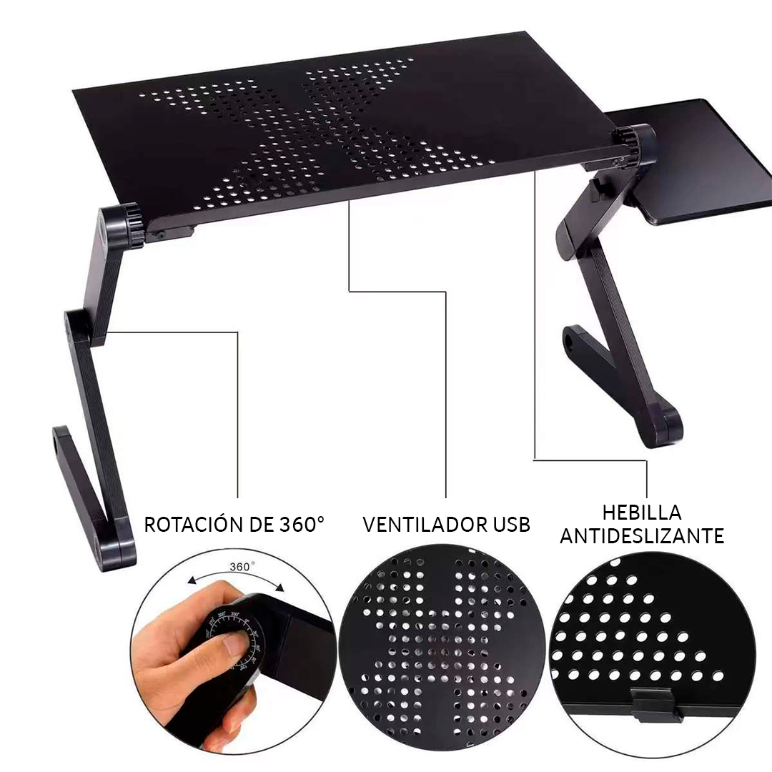 MESA PARA LAPTOP ERGONÓMICA CON COOLER Y BANDEJA PARA MOUSE, ÁNGULOS GRADUABLES